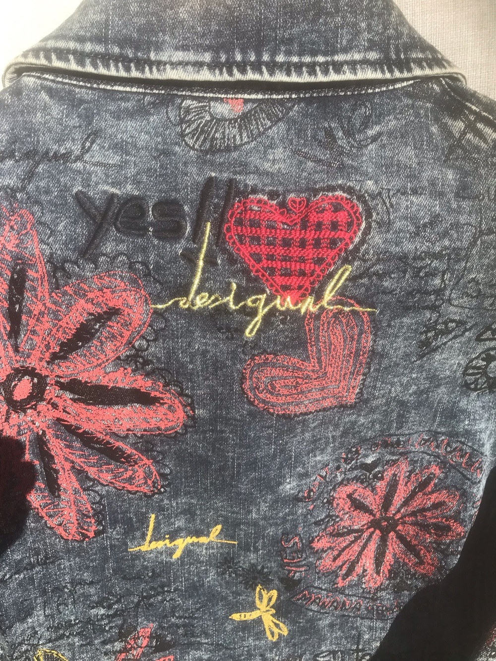 Desigual Denim Jacket with Red Floral & Heart Embroidery